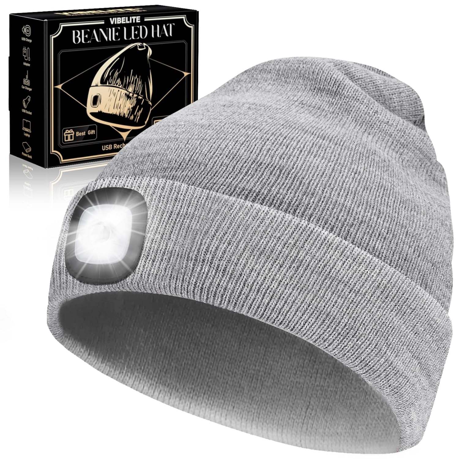 VIBELITE LED Beanie Hat with Light, USB Rechargeable LED Headlamp, Gifts for Men, Him, Husband, Boyfriend, Gifts for Dad, Husband, Father, Grey VIBELITE LED Beanie Hat with Light, USB Rechargeable LED Headlamp, Gifts for Men, Him, Husband, Boyfriend, Gifts for Dad, Husband, Father, Grey