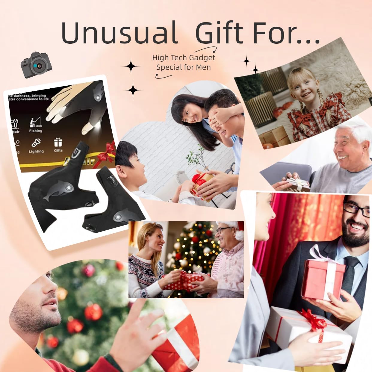 Waterproof Rechargeable LED Flashlight Gloves, Adjustable Strap, One Size Fit All, Black