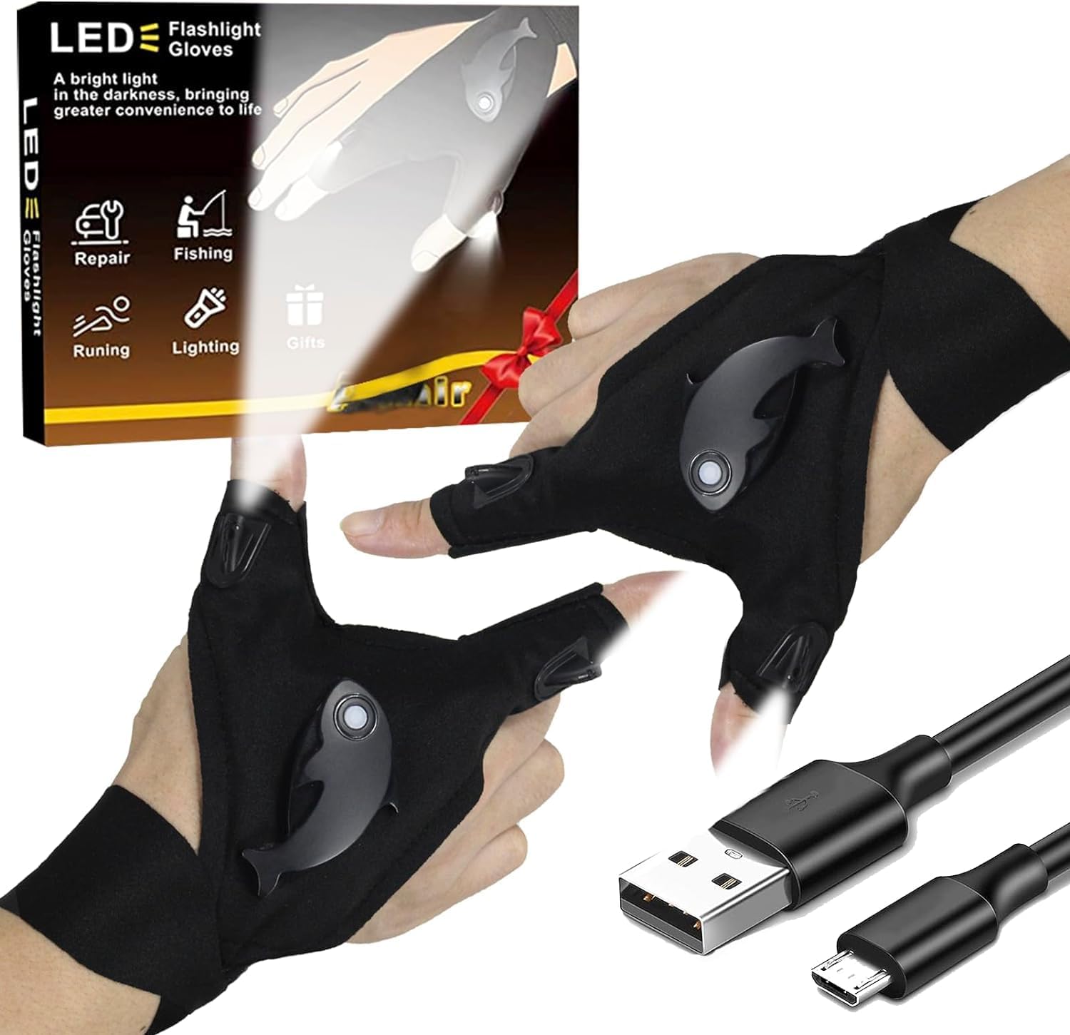 Waterproof Rechargeable LED Flashlight Gloves, Adjustable Strap, One Size Fits All, Black