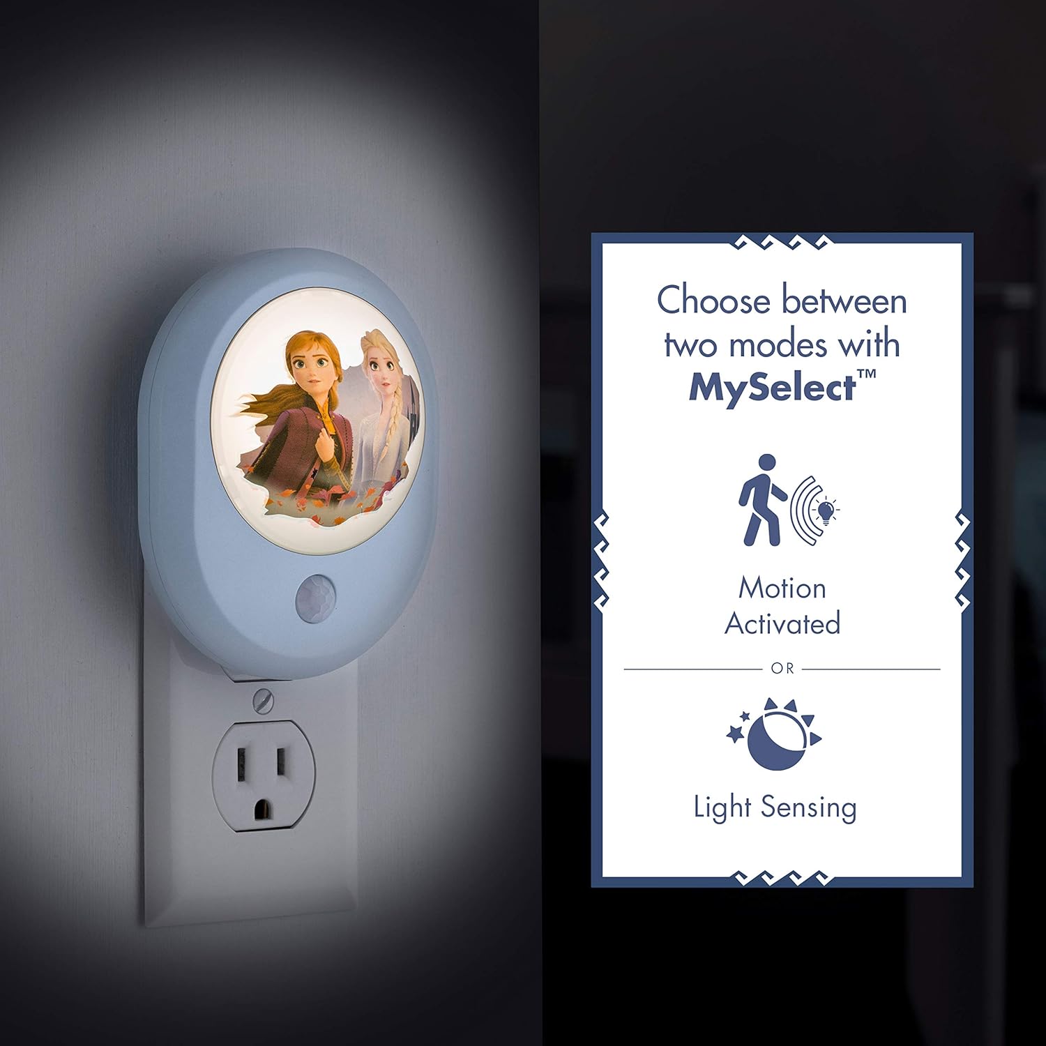 Disney Frozen II MySelect LED Night Light, Motion Sensor, Dusk-to-Dawn, Featuring Anna and Elsa, Ideal for Girls Bedrooms, Nurseries, or Bathrooms – 44473