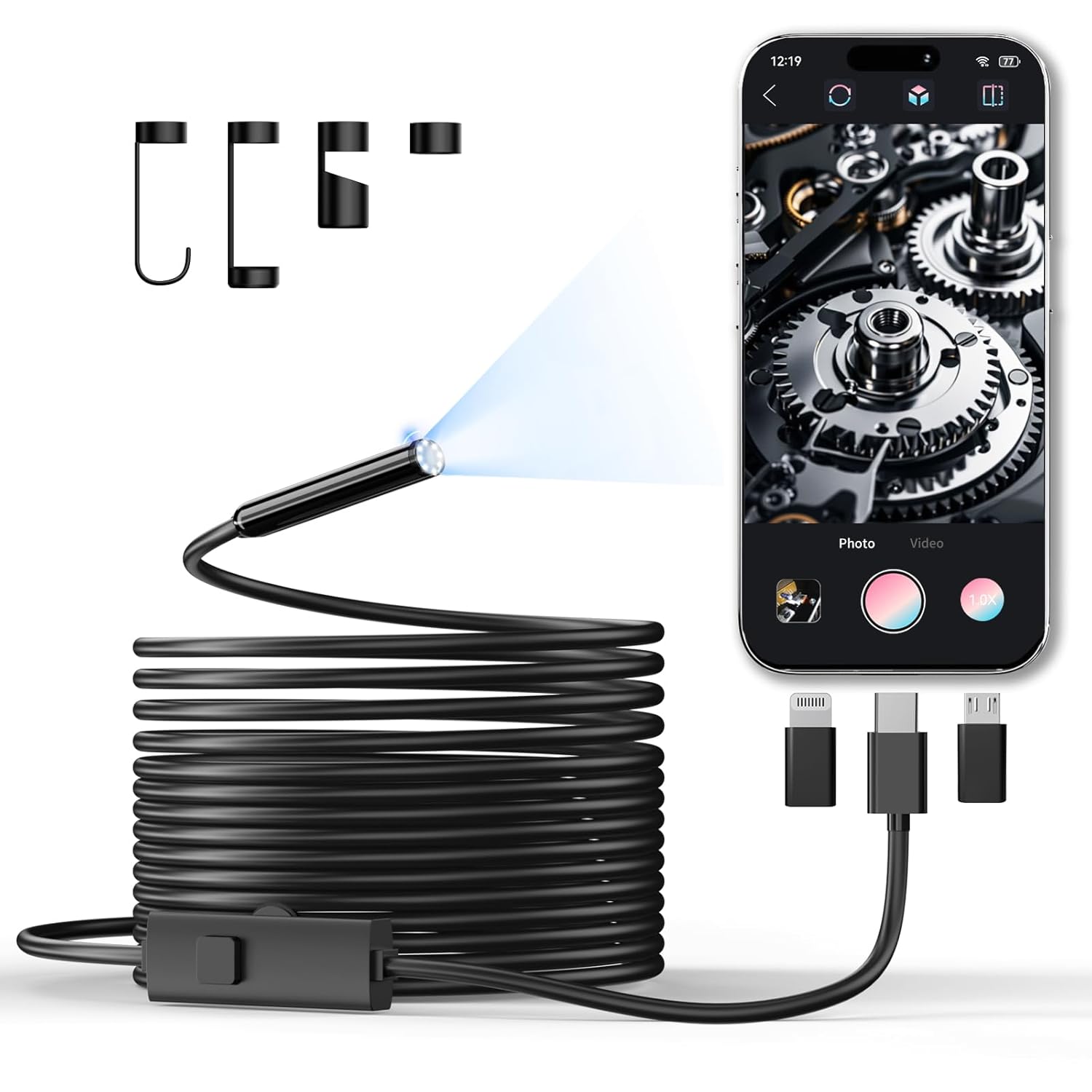 Endoscope Camera with Light, 1920P HD Borescope Inspection Camera with 8 Adjustable LEDs, IP67 Waterproof Semi-Rigid 16.4ft Snake Cable for Android, iPhone, and iPad(Single Lens)