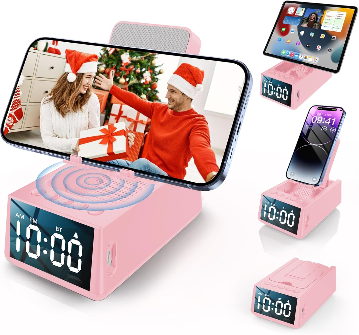 Gifts for Women/Girls, Phone Stand with Bluetooth Speaker  LED Alarm Clock, 12H PlaytimeAnti-Slip Base, Hands-Free for Home Cooking/Office, Thoughtful for Mom, Grandma, Wife (Pink)