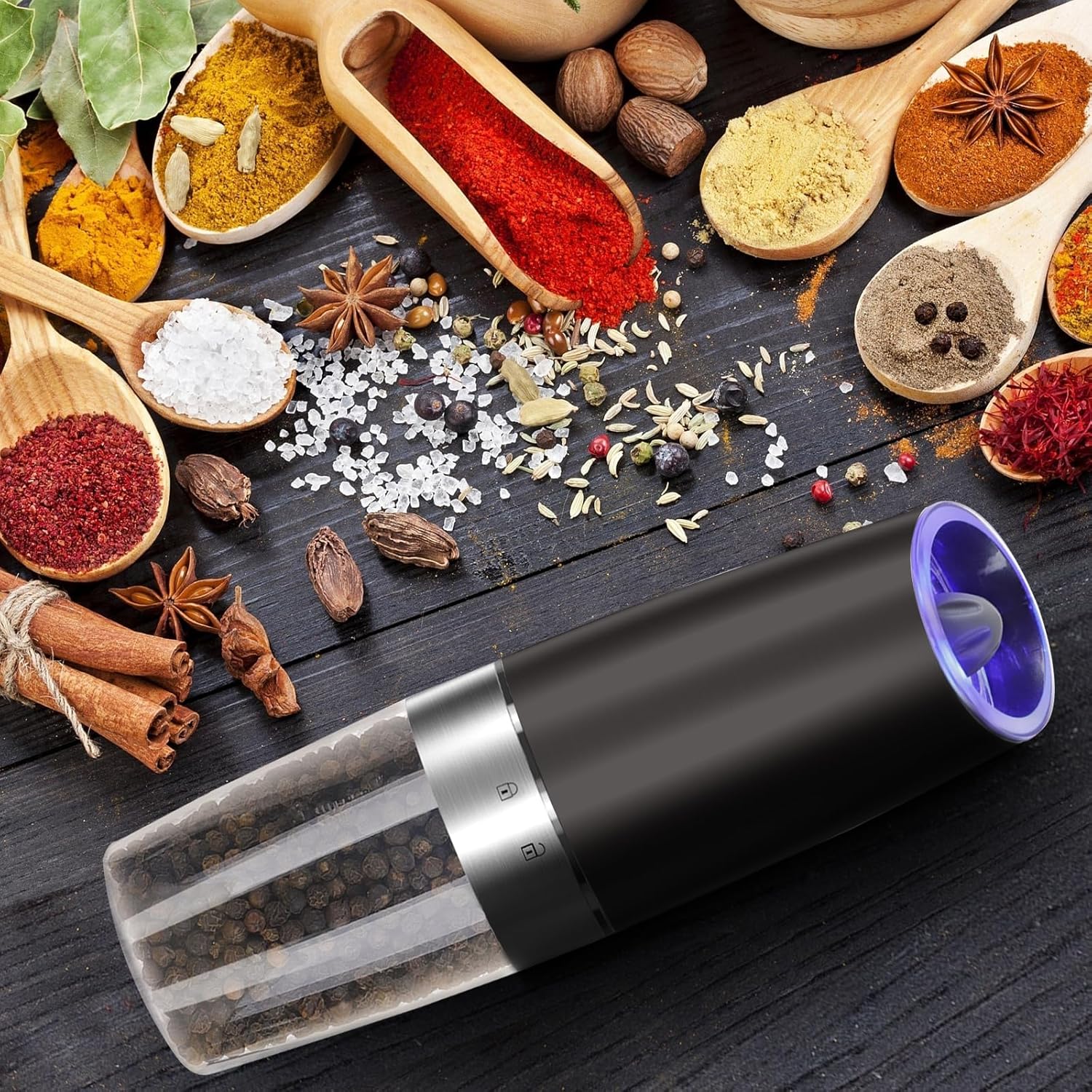 Gravity Electric Pepper and Salt Grinder Set, Adjustable Coarseness, Automatic Shakers Mill Grinder with LED Light, Battery Operated, Enhanced Larger Capacity, One-Hand Operated (Black 2 Pack)