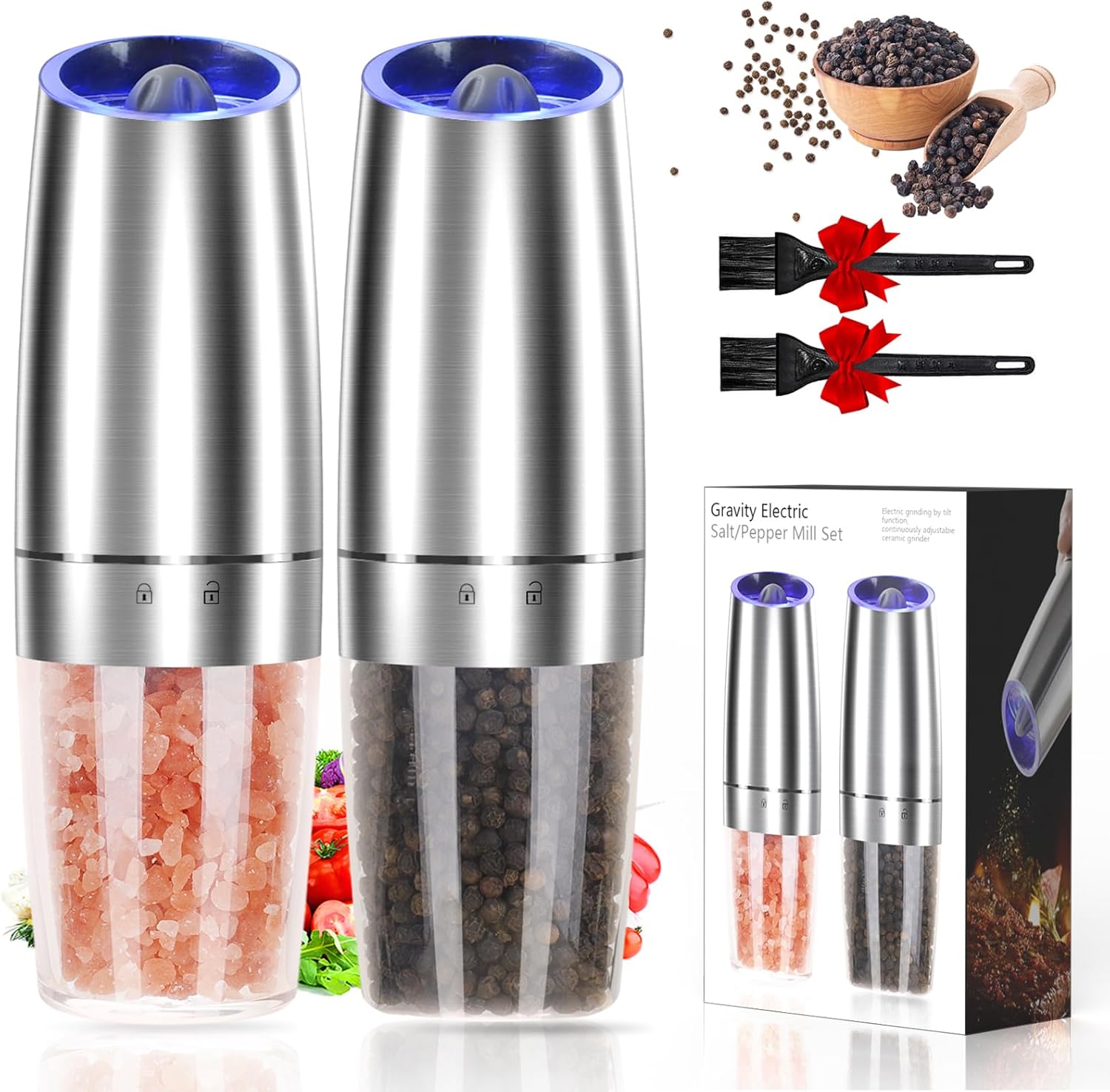 Gravity Electric Pepper and Salt Grinder Set, Adjustable Coarseness, Automatic Shakers Mill Grinder with LED Light, Battery Operated, Enhanced Larger Capacity, One-Hand Operated (Black 2 Pack)