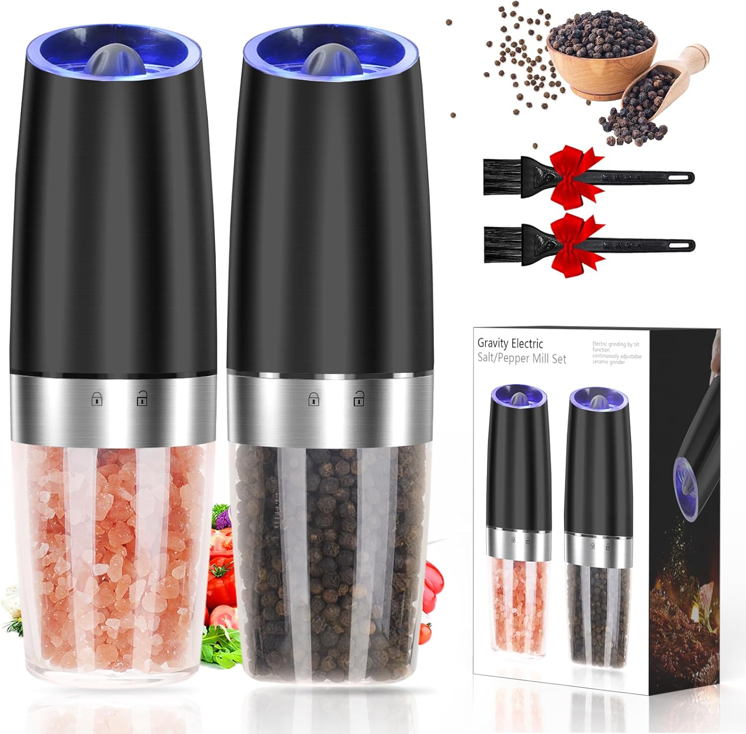 Gravity Electric Pepper and Salt Grinder Set, Adjustable Coarseness, Automatic Shakers Mill Grinder with LED Light, Battery Powered, Upgraded Larger Capacity, One Hand Operated (Black 2 Pack)