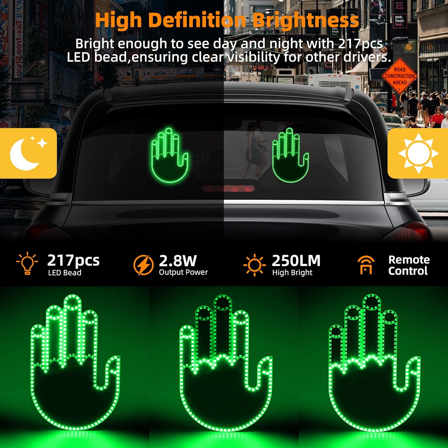 Hand Gesture Light for Car - 3 in 1 LED Finger Light with Remote Control | Back Window Sign for Drivers, Amusing Car Accessories Road Rage Gadgets (Green)