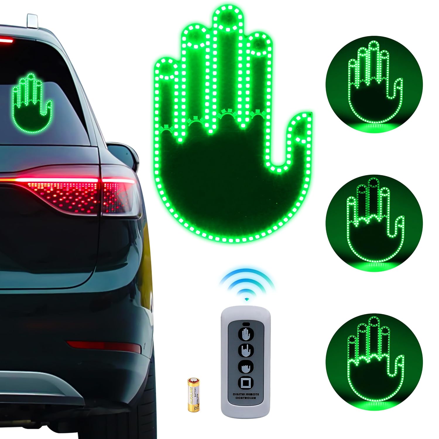 Hand Gesture Light for Car - 3 in 1 LED Finger Light with Remote Control | Back Window Sign for Drivers, Funny Car Accessories  Road Rage Gadgets (Green)