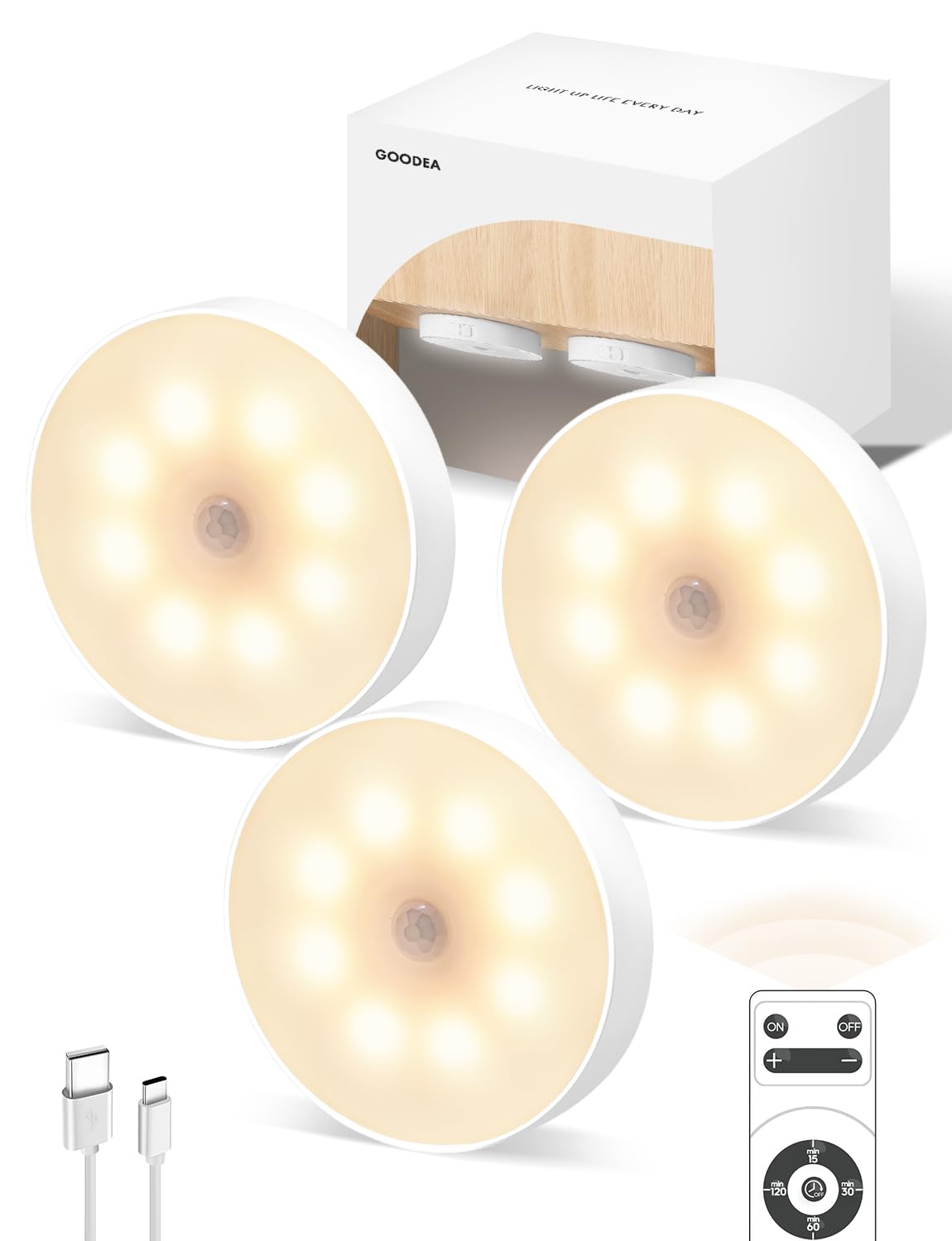 Led Under Cabinet Lights, Motion Sensor Rechargeable Light, 1000mAh Puck Lights with IR Remote, Under Counter Lights for Kitchen,cabinets,Closet,Stairs Indoor