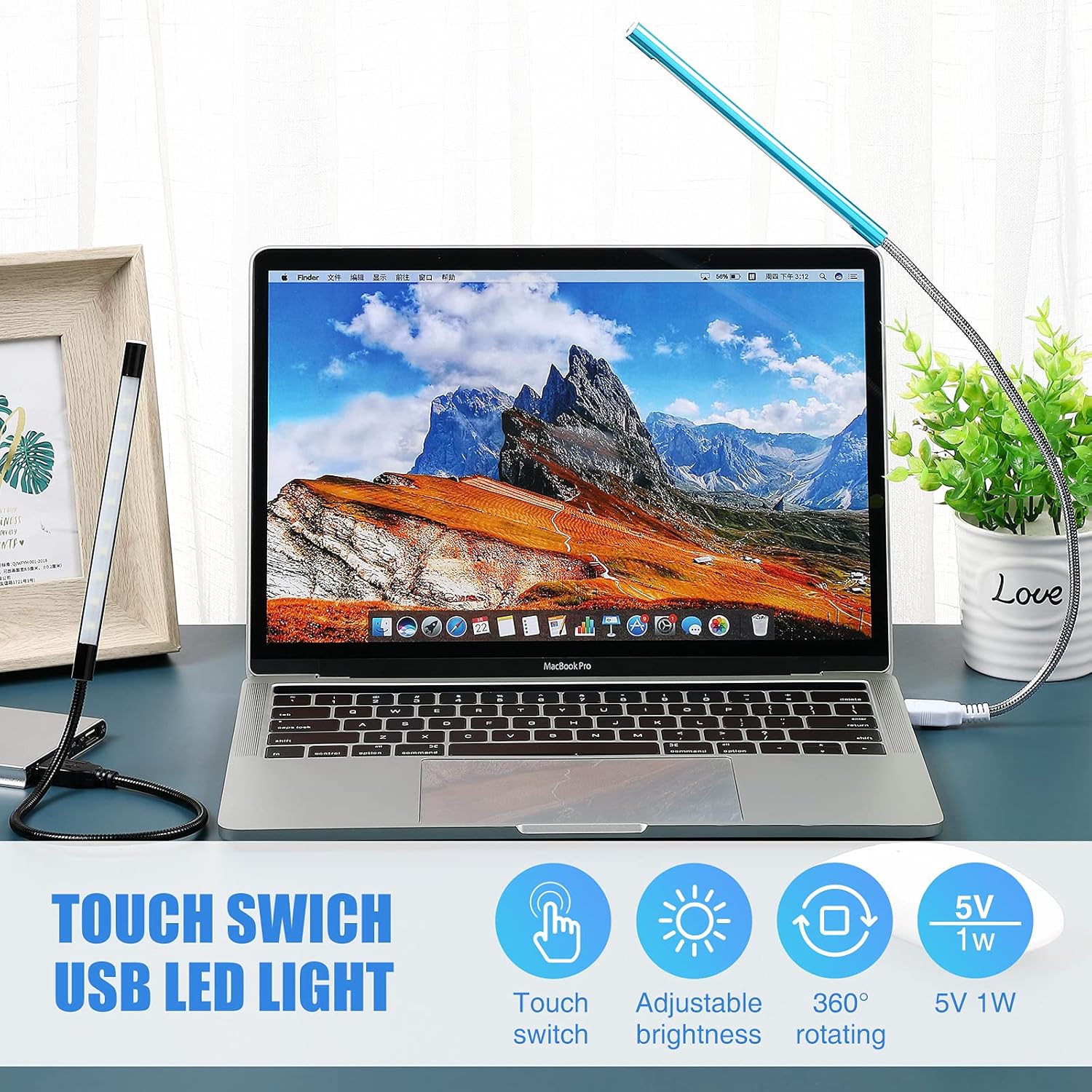 Mudder 2 Pieces USB LED Light for Laptop Keyboard Light Gooseneck Computer Lamp Flexible Stick Dimmable LED Lamp Touch Switch for Reading Book(Black, Blue)