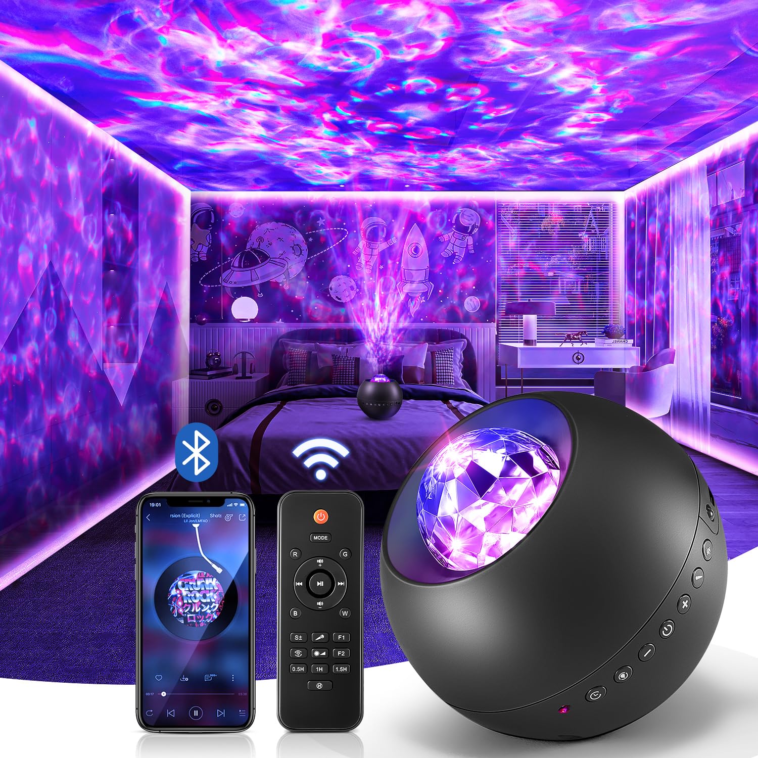 One Fire Galaxy Projector, Vibrant Galaxy Light Projector, White Noise  Bluetooth Room Lights for Bedroom,Remote Timer Kids Night Light,Cute Room Decor for Teen Girl Gifts Trendy Stuff
