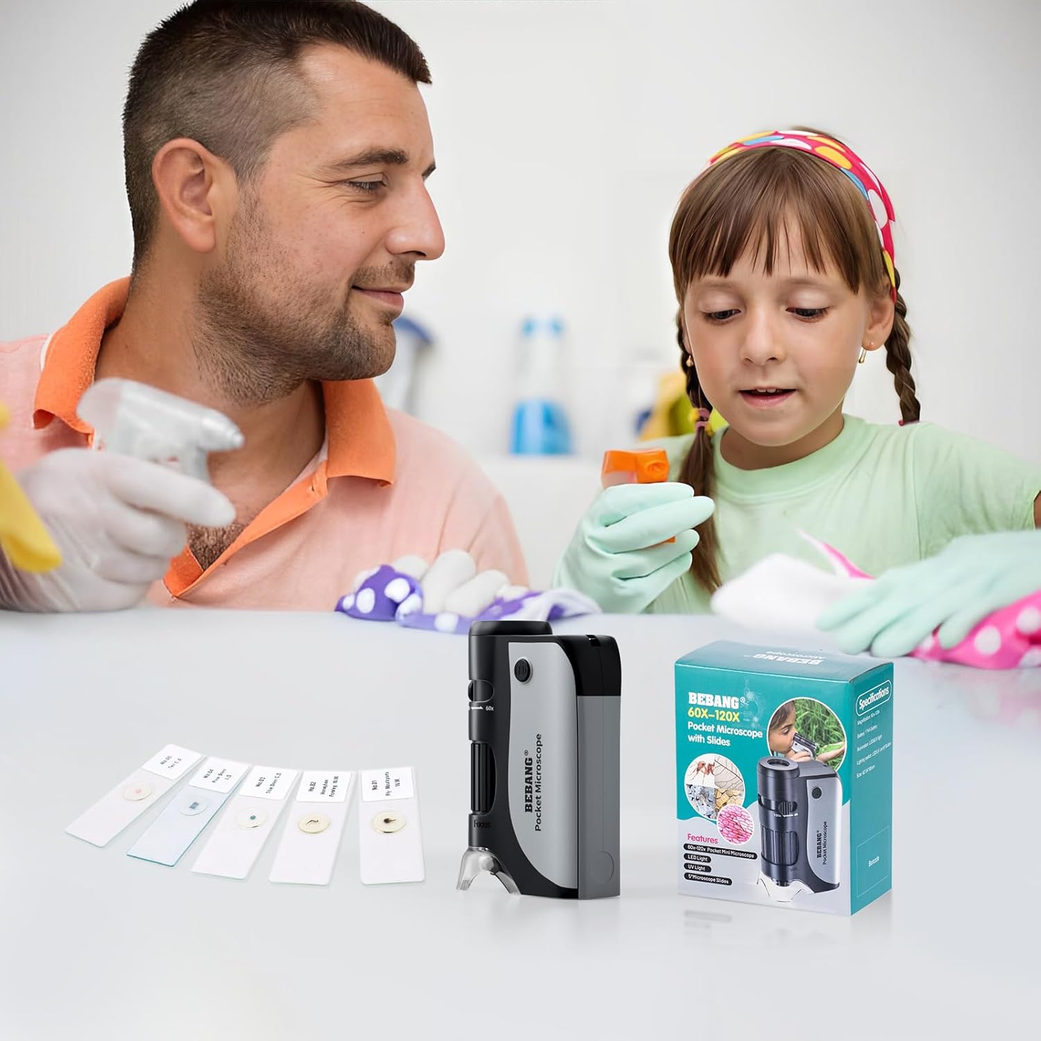 Pocket Microscope, 60x-120x Handheld Mini Microscope for Kids with LED Lights, 5 Slides Specimens, BEBANG Portable Microscope for Kids, Students, and Adults for Microbiological Observation Lab Study, Educational Kit