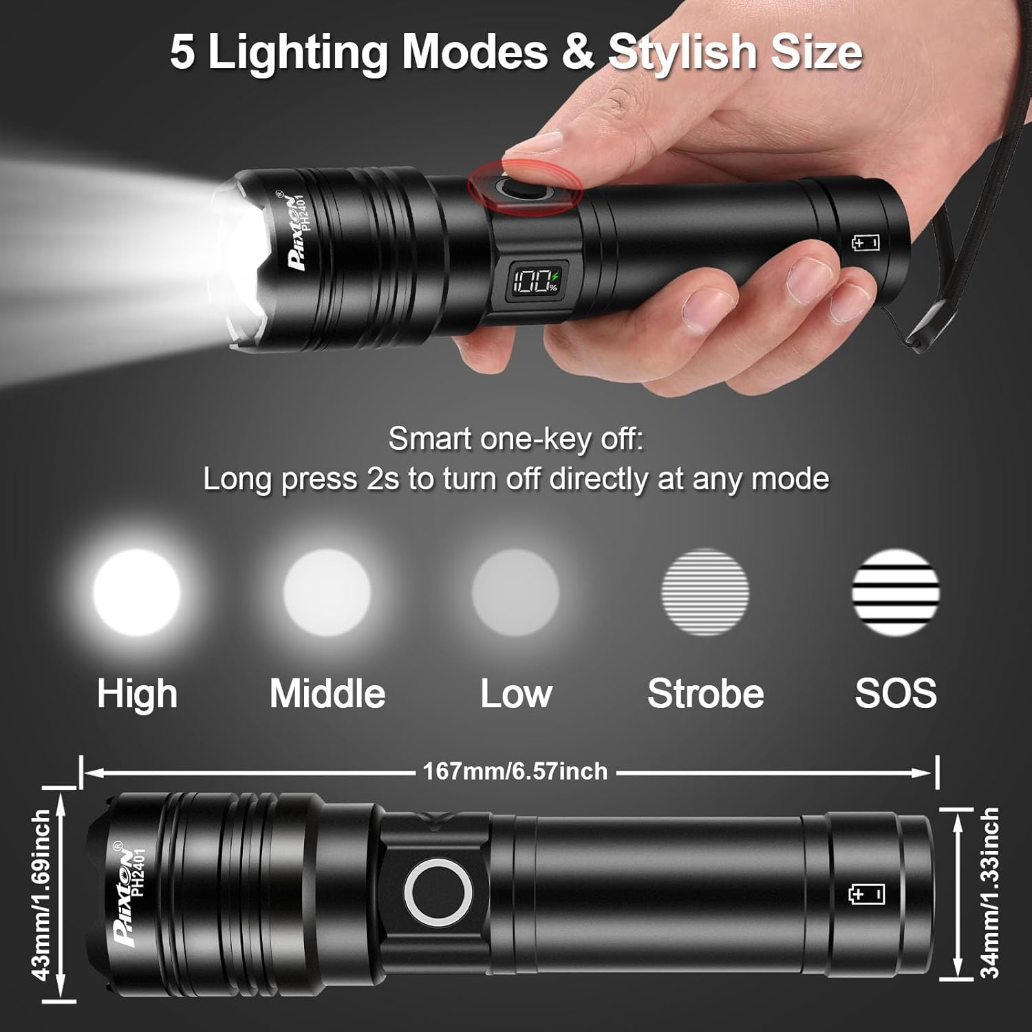 Rechargeable Flashlights 2000 High Lumens Long Range 3280 FT, Ultra Bright USB C LED Torch Lasting 15 Hours, Robust Multifunctional Strong Light, for Emergency Security Camping